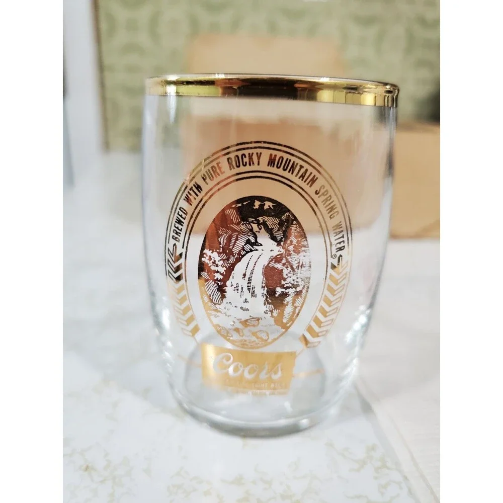 Vintage Bartlett Coors Beer Barrel Glasses Set 6 Gold Embossed Tumbler Boxed